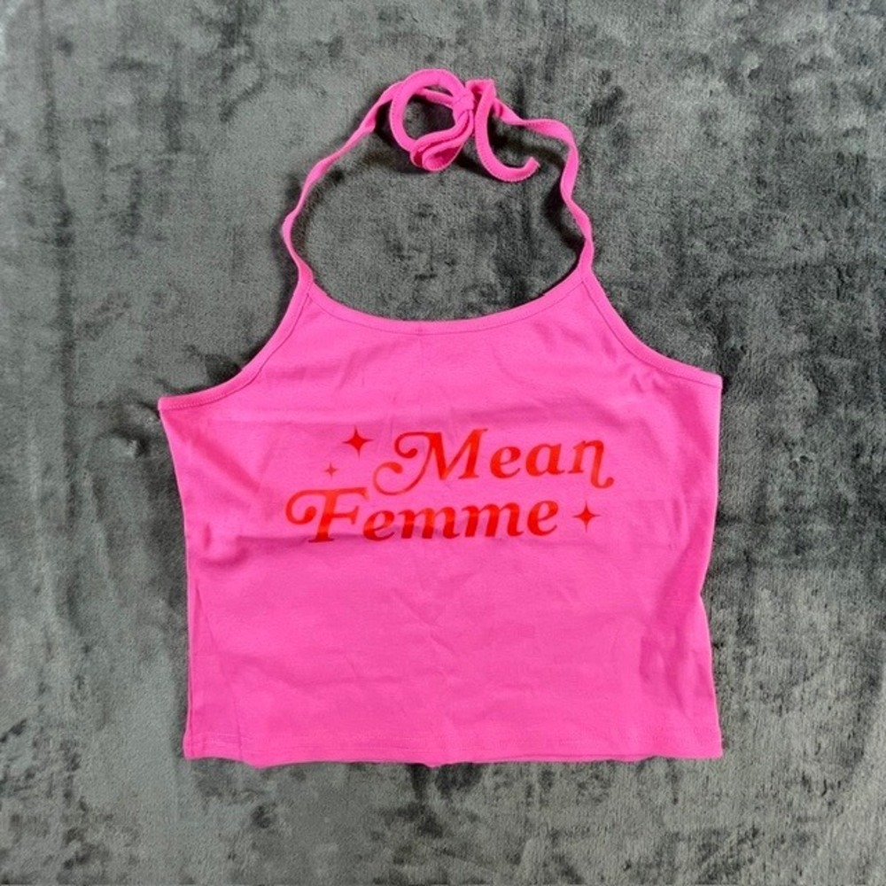 Cherry Kitten Pink Mean Femme Halter Crop Top Y2K Graphic Tank XL